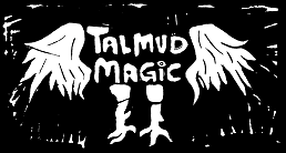 TalmudMagic Logo by Ren Finkel of Beis Lakish ~ Linocut of the words "talmud magic" in all caps, with an eye dotting the letter i, surrounded by feathery wings, and based by two chicken feet. Bordered by a ring of etched lines.